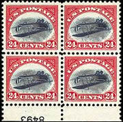 Block of 4 inverted Jenny stamps